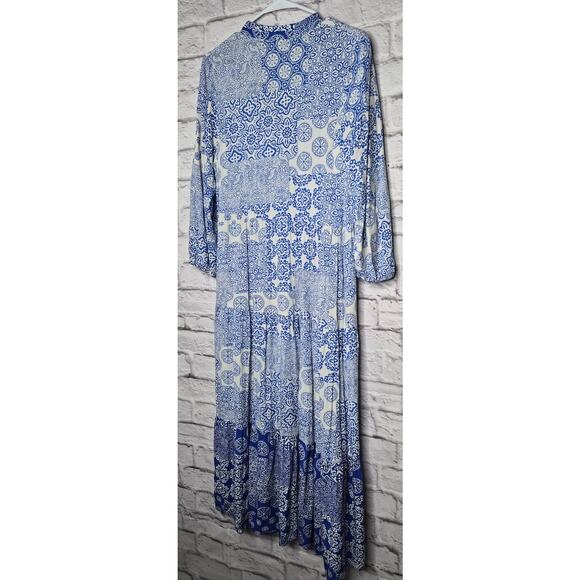 ZARA Blue White Patchwork Tile Print Tiered Midi Dress Long Sleeve Medium M Boho - Picture 8 of 10